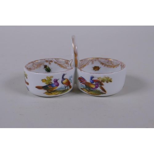 10 - A C19th Meissen porcelain double salt with loop handle and hand painted bird decoration, mark to bas... 