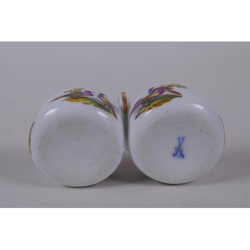 10 - A C19th Meissen porcelain double salt with loop handle and hand painted bird decoration, mark to bas... 