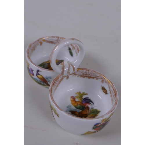 10 - A C19th Meissen porcelain double salt with loop handle and hand painted bird decoration, mark to bas... 