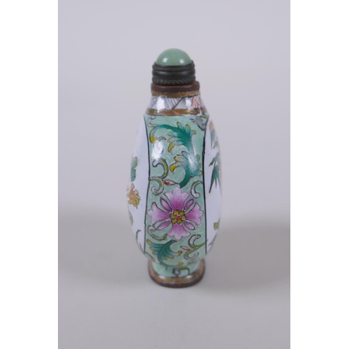 104 - A canton enamel snuff bottle decorated with insects amongst flowers and bamboo, Chinese 4 character ... 