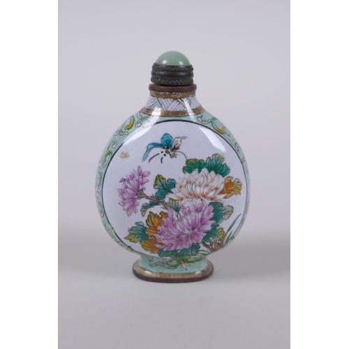 104 - A canton enamel snuff bottle decorated with insects amongst flowers and bamboo, Chinese 4 character ... 