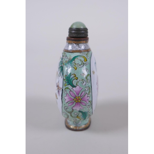 104 - A canton enamel snuff bottle decorated with insects amongst flowers and bamboo, Chinese 4 character ... 