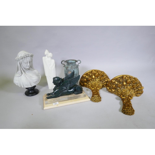 107 - Decorative items, composition bust, 36cm high, a sphinx, gilt wall brackets etc