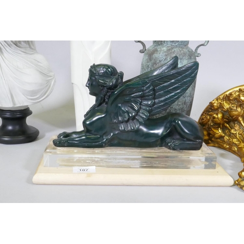 107 - Decorative items, composition bust, 36cm high, a sphinx, gilt wall brackets etc