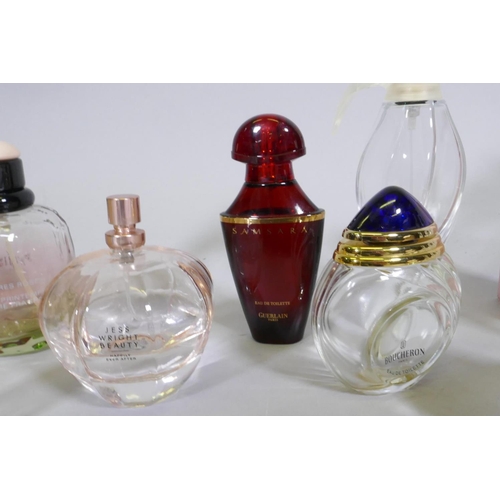 110 - Ten scent bottles, Gucci, Yves St Laurent, Guerlain, Ricci, and a leather cased vanity set