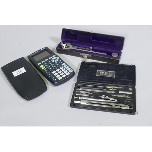 112 - A cased Stanley technical instrument, Heerbrugg Compasses and a Texas Instruments calculator