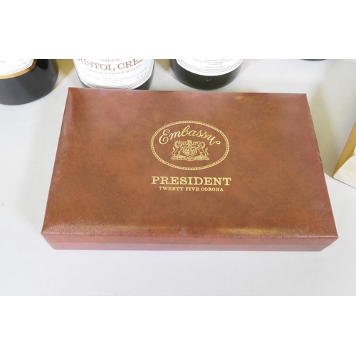 113 - A box of 25 Embassy President Corona cigars, 3 bottles of Harveys Bristol Cream sherry, Vermouth, br... 