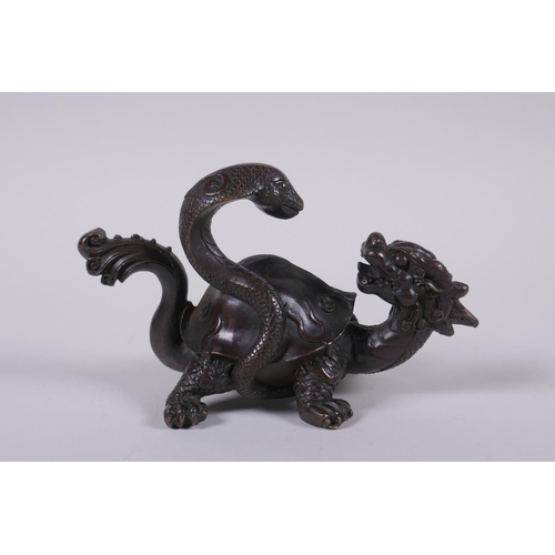 126 - A Chinese bronze figure of a dragon tortoise and snake, 14cm long