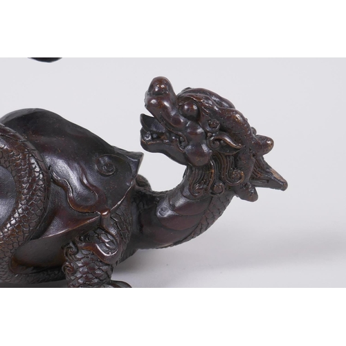 126 - A Chinese bronze figure of a dragon tortoise and snake, 14cm long