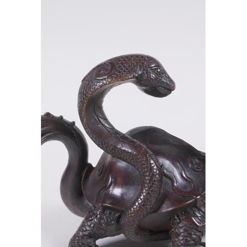 126 - A Chinese bronze figure of a dragon tortoise and snake, 14cm long