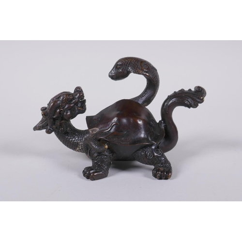 126 - A Chinese bronze figure of a dragon tortoise and snake, 14cm long