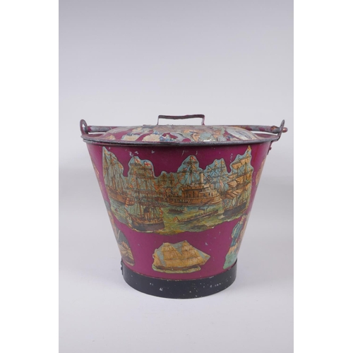 13 - An antique painted galvanised bucket and cover, with decoupage decoration, 28cm x 35cm diameter