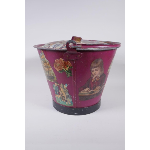 13 - An antique painted galvanised bucket and cover, with decoupage decoration, 28cm x 35cm diameter