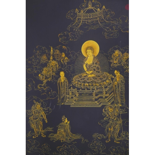 138 - A Sino Tibetan printed thangka depicting Buddha and attendant deities, 56 x 89cm