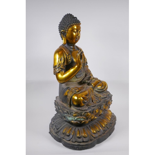 14 - A large Chinese gilt bronze figure of Buddha seated on a lotus throne, 6 character mark to back, 59c... 