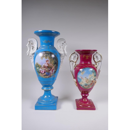 142 - A blue ground Sevres style porcelain urn with two swan shaped handles and decorative panels depictin... 