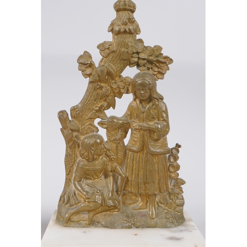 156 - A pair of antique ormolu and marble candlesticks decorated with two girls and a deer, 36cm high