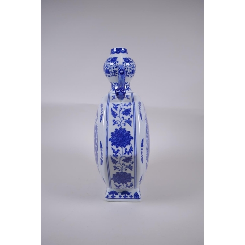 158 - A Chinese blue and white porcelain two handled moon flask of hexagonal form, decorated with a dragon... 