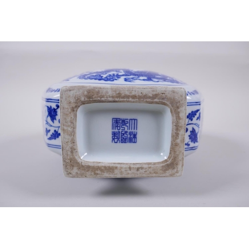 158 - A Chinese blue and white porcelain two handled moon flask of hexagonal form, decorated with a dragon... 