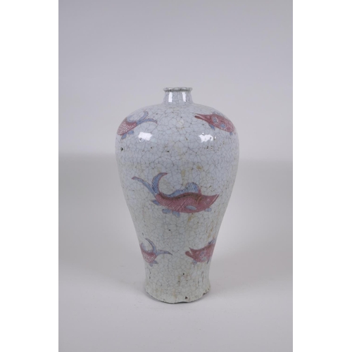 168 - A Chinese crackle ware pottery meiping vase with blue and red carp decoration, 32cm high