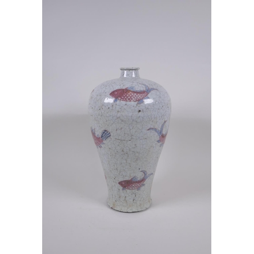 168 - A Chinese crackle ware pottery meiping vase with blue and red carp decoration, 32cm high