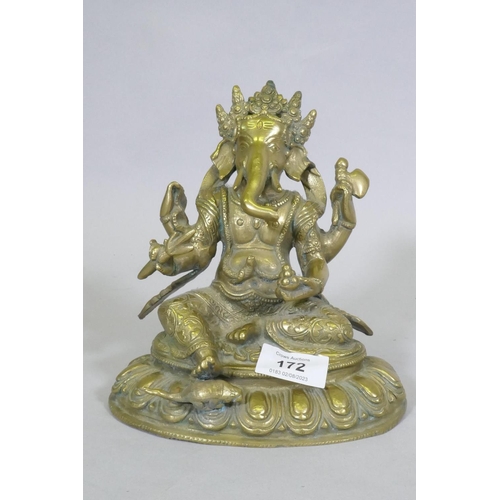 172 - Indian brass figure of Ganesh with a rat under foot, 20cm high