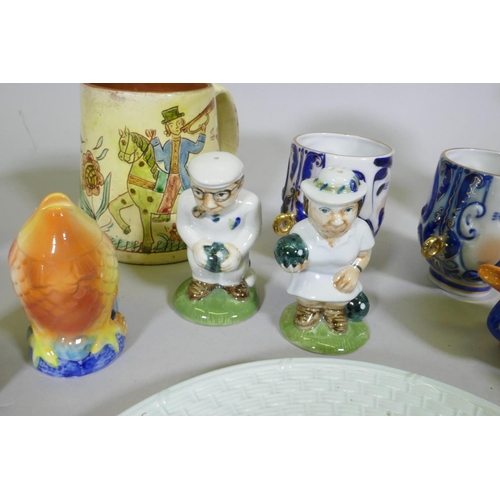 174 - Decorative pottery, novelty salt and pepper pots, Chiari cow savings bank, Burleighware parrot handl... 