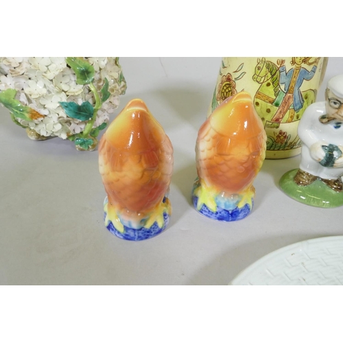 174 - Decorative pottery, novelty salt and pepper pots, Chiari cow savings bank, Burleighware parrot handl... 