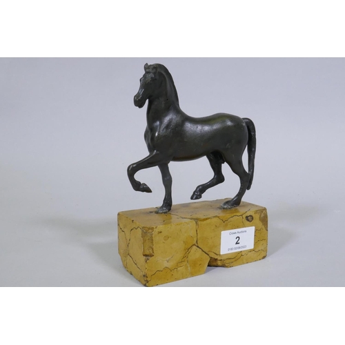 2 - A C19th Grand Tour bronze figure of a horse, mounted on a marble base, 18cm high