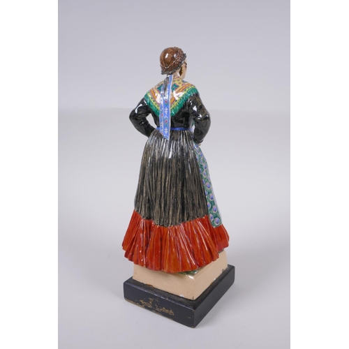 21 - A 1930s Dulwich pottery figure by Jessamine Bray & Sybil Williams, Girl from Trento, mounted on ... 