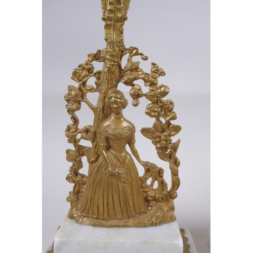 22 - A near pair of antique ormolu and marble candlesticks in the form of a lady with a lyre, 41cm high