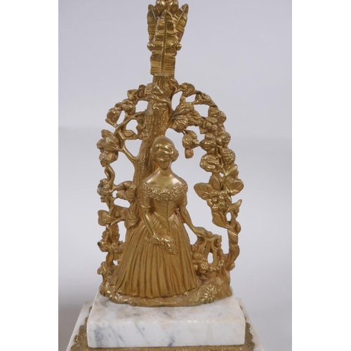 22 - A near pair of antique ormolu and marble candlesticks in the form of a lady with a lyre, 41cm high