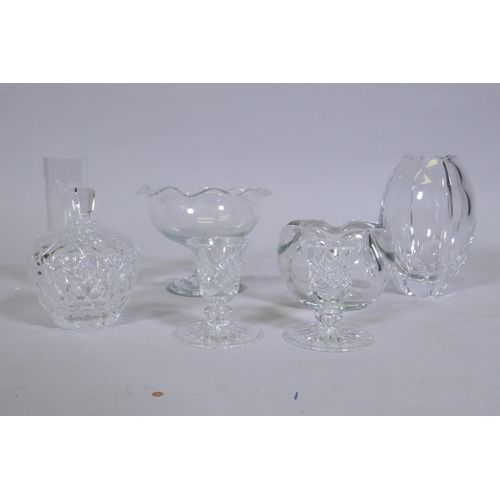 24 - A pair of Waterford crystal glass dwarf candlesticks, 8cm high, a Stephens glass vase, Dartington st... 