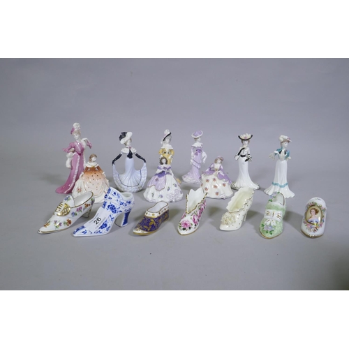 26 - A collection of nine Coalport small and miniature porcelain figures of ladies and seven porcelain sh... 