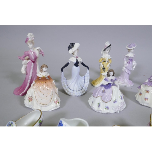 26 - A collection of nine Coalport small and miniature porcelain figures of ladies and seven porcelain sh... 