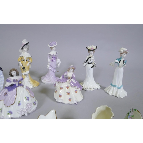 26 - A collection of nine Coalport small and miniature porcelain figures of ladies and seven porcelain sh... 