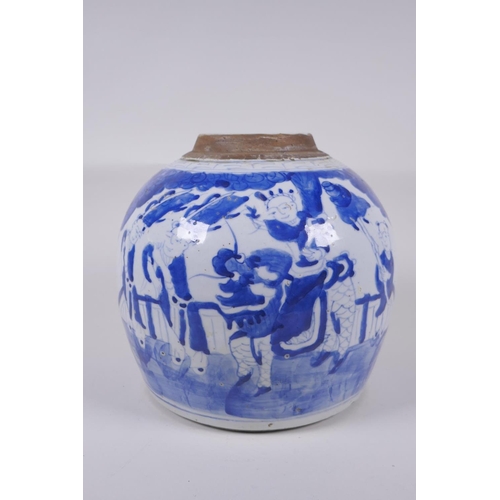 28 - A Chinese Republic blue and white porcelain ginger jar, decorated with figures in a garden with a ky... 