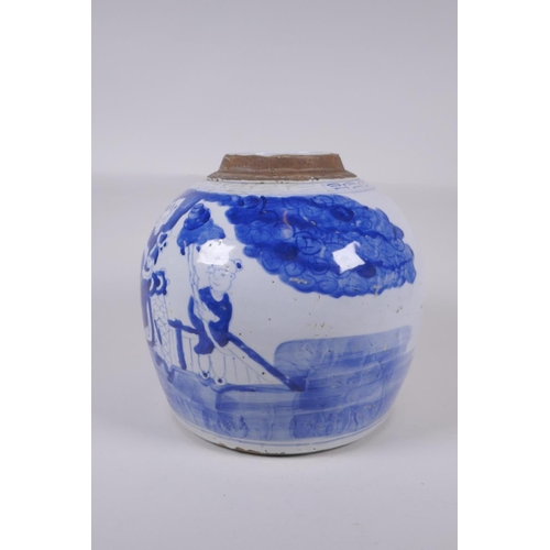 28 - A Chinese Republic blue and white porcelain ginger jar, decorated with figures in a garden with a ky... 