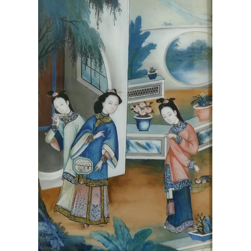 3 - A C19th Chinese reverse painted glass painting of three women by a balcony, 40 x 55cm, AF cracked