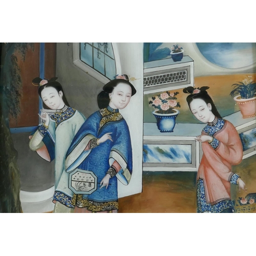 3 - A C19th Chinese reverse painted glass painting of three women by a balcony, 40 x 55cm, AF cracked