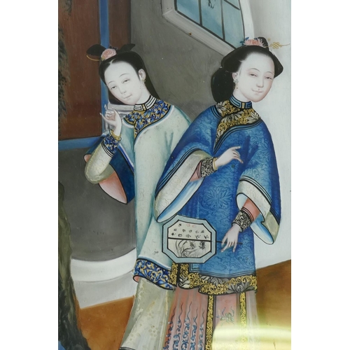 3 - A C19th Chinese reverse painted glass painting of three women by a balcony, 40 x 55cm, AF cracked