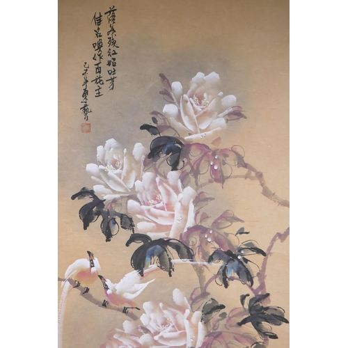 30 - An Oriental watercolour scroll depicting white roses and asiatic birds, signed, 52 x 110cm