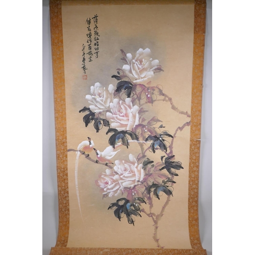 30 - An Oriental watercolour scroll depicting white roses and asiatic birds, signed, 52 x 110cm