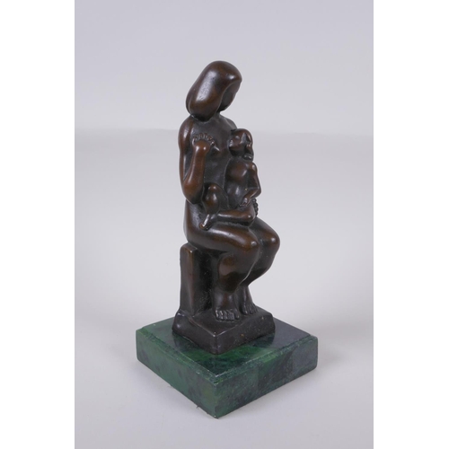 37 - After Joseph Csaky, bronze figure of a mother and child, mounted on a marble base, 25cm high