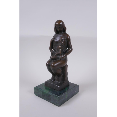 37 - After Joseph Csaky, bronze figure of a mother and child, mounted on a marble base, 25cm high