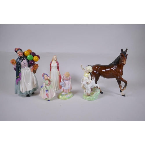 54 - A collection of Royal Doulton porcelain figures to include Biddy Pennyfarthing, HN1843, Collinette, ... 