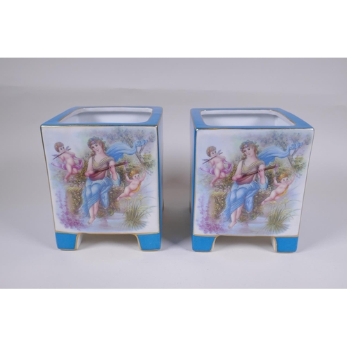 56 - A pair of Sevres style turquoise ground porcelain planters of square form, with decorative panels de... 