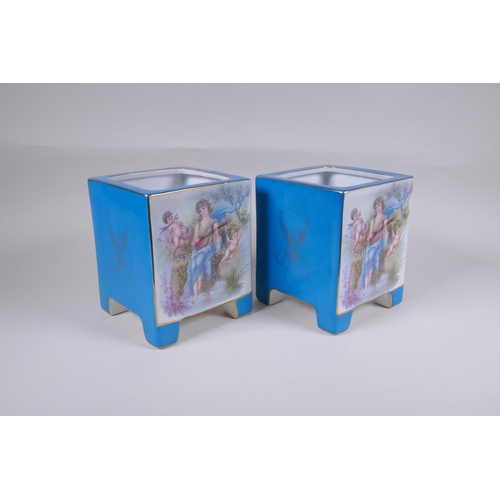 56 - A pair of Sevres style turquoise ground porcelain planters of square form, with decorative panels de... 