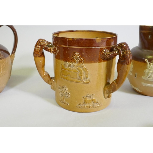 67 - Doulton Lambeth hunting tyg, jugs and tankard, with faults, tyg 15cm high