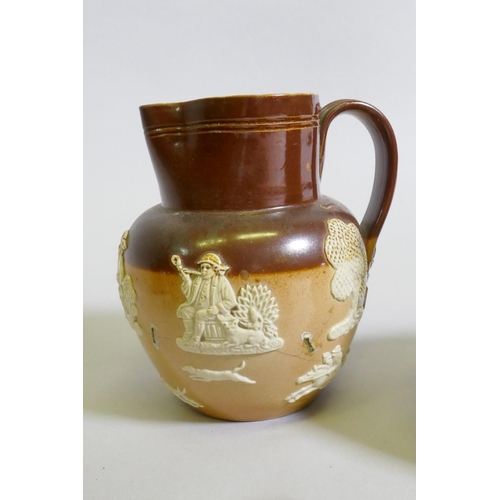 67 - Doulton Lambeth hunting tyg, jugs and tankard, with faults, tyg 15cm high